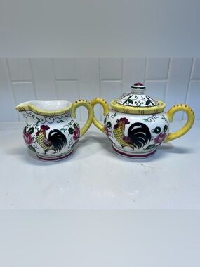 Vintage Early Provincial Ucagco Rooster And Rooster Cream And Sugar Set